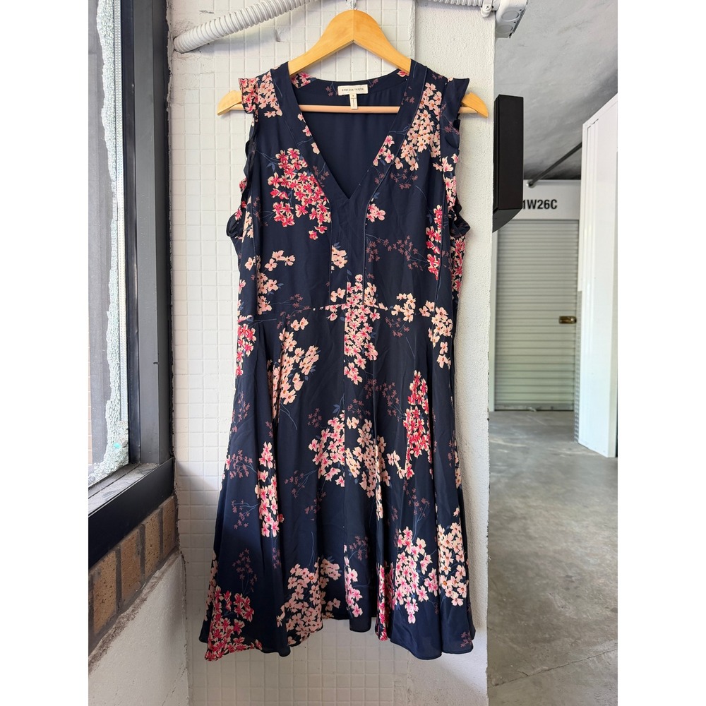 Rebecca Taylor Silk Floral Fit Flare Dress 8 Navy Pink Ruffle V-Neck - Picture 2 of 8